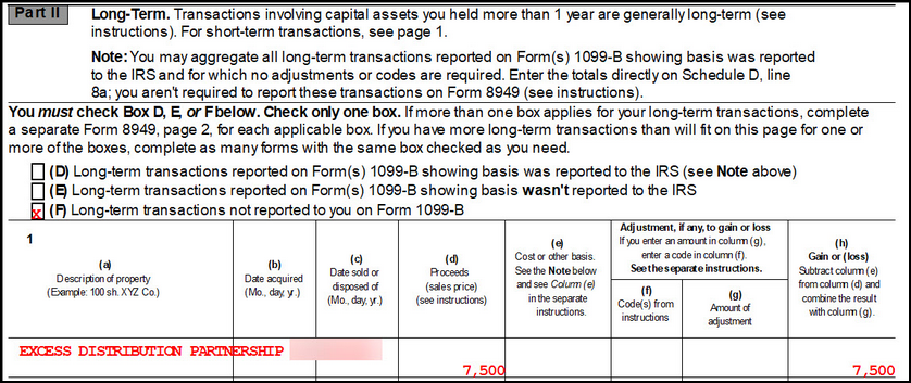 Image of Form 8949 showing excess distribution.